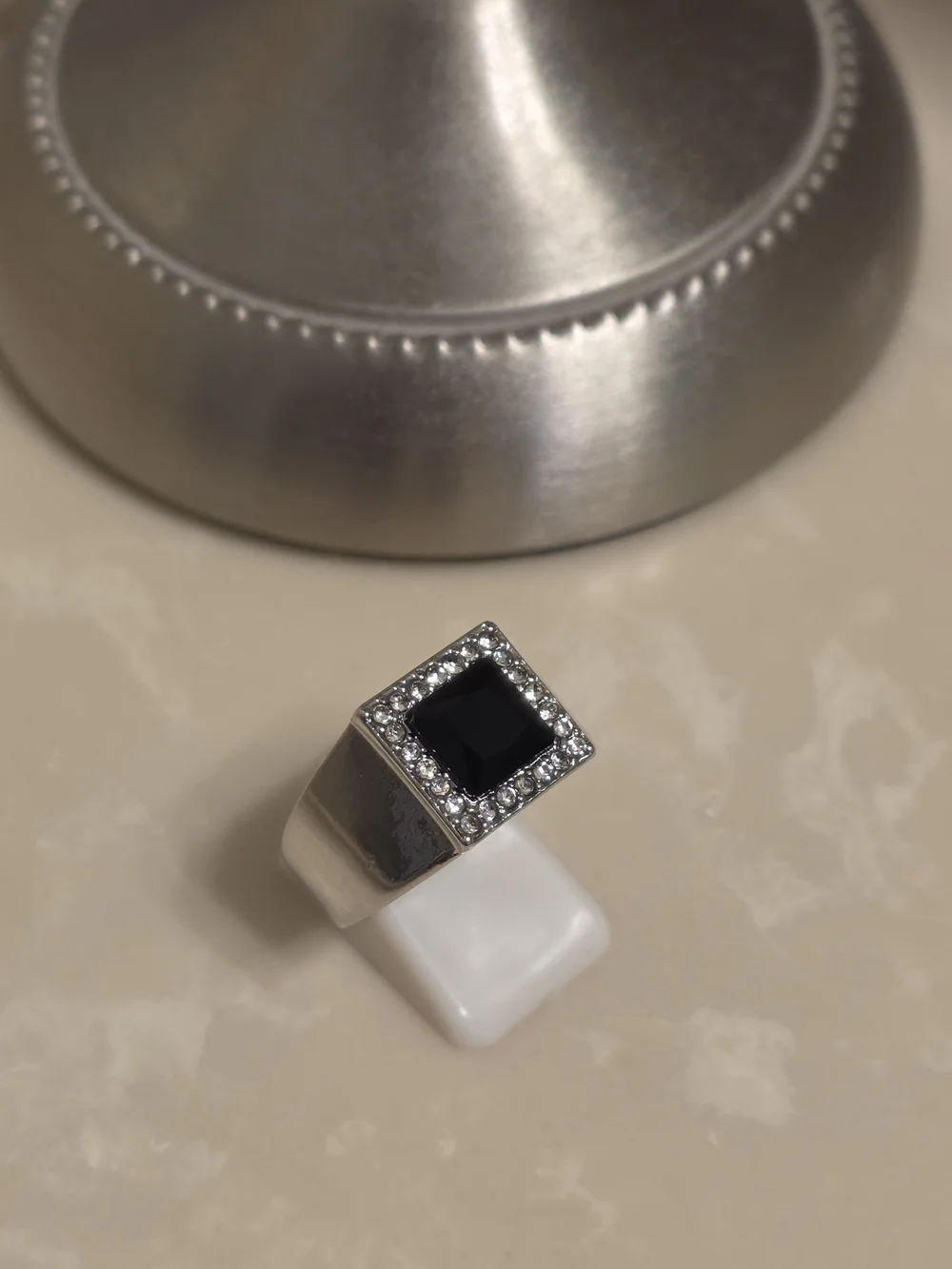 Men's Silver CZ and Onyx Ring Size 10